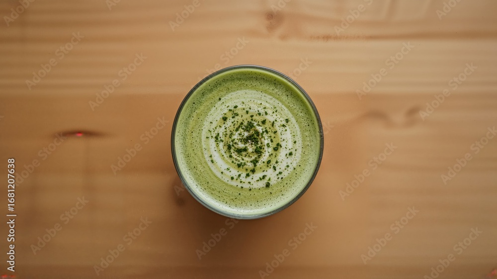 Poster aerial image of a matcha latte resting on a rustic wooden table