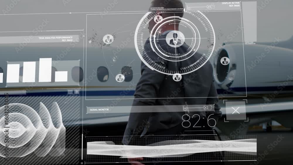 Poster animation of digital interface processing data over businessman and jet plane on runway at airport