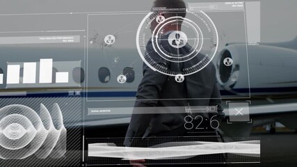 Animation of digital interface processing data over businessman and jet plane on runway at airport - Powered by Adobe