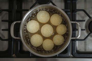 Overhead shot of a pot with boiling water and halved potato cooking on a stove