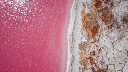 Fototapeta premium Overhead perspective of a colorful lake featuring pink and purple hues with a salty, crystallized shore