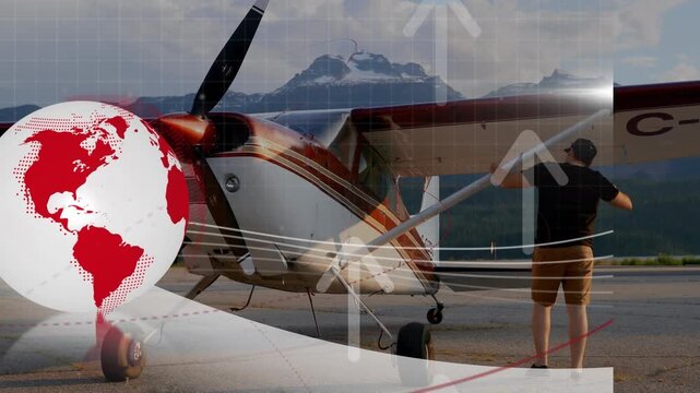 Animation of globe and upward arrows over man preparing small plane for flight - Powered by Adobe