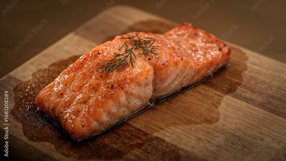 Poster overhead shot of salmon fillet soaked in cedar plank marinade with generous empty space on the right