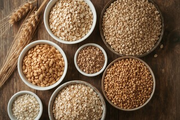Overhead shot of ceramic dishes filled with various grains on a wooden surface