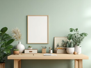 Serene workspace setup : An inviting workstation with a framed blank picture, surrounded by an array of potted plants and decorative items.