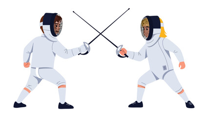 Obraz premium Fencing Duel: Two fencers, masked and armored, engage in a dynamic duel with their épées crossed, capturing the skill, focus, and intensity of the sport.