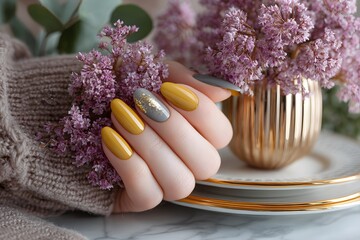 Elegant Mustard and Grey Almond Nails Adorned with Gold Flakes Nestled Amongst Delicate Purple Flowers.
