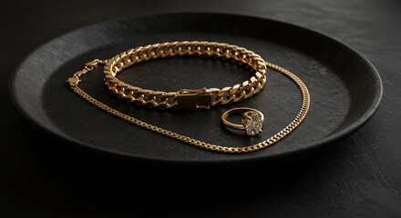 Elegant gold bracelet and diamond ring displayed on a dark textured surface, exuding luxury and sophistication.