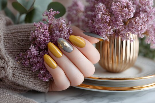 Elegant Mustard and Grey Almond Nails Adorned with Gold Flakes Nestled Amongst Delicate Purple Flowers.