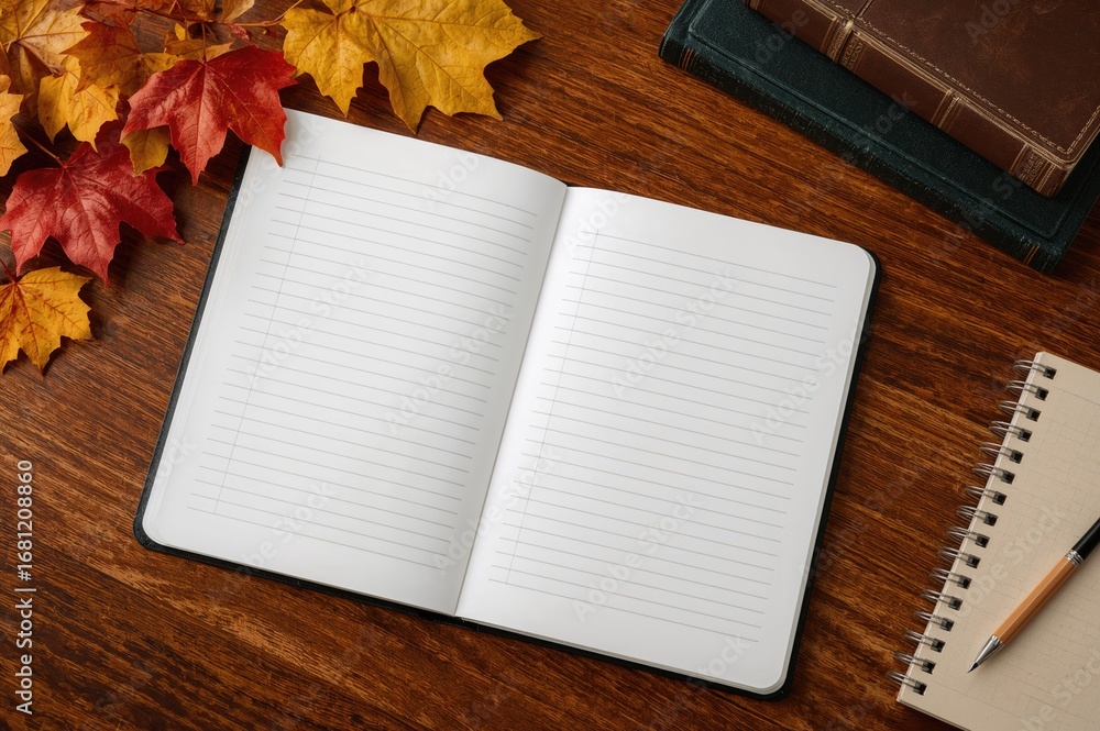 Poster overhead shot of an empty spiral notebook surrounded by fall foliage on a desk