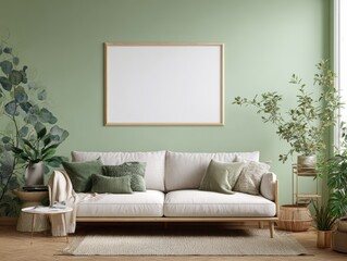 Elegant Interior: A light-filled living room boasts a modern aesthetic, featuring a cream-colored sofa, lush indoor plants, and an empty framed canvas ready for personalization.