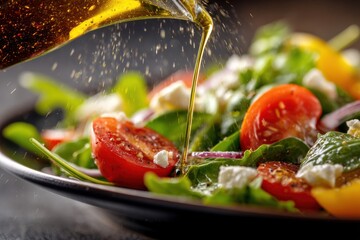 Olive oil pouring onto fresh salad ingredients close up healthy eating concept studio shot