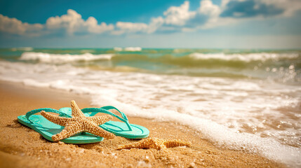 Summer beach scene with starfish and turquoise sandals on golden sand, evoking coastal relaxation.
