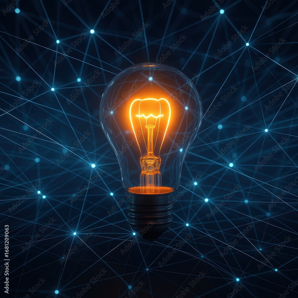 Aufkleber illuminated innovation lightbulb surrounded by floating holographic network connections and data str