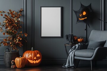 Spooky Halloween scene with glowing jack-o'-lanterns, autumn branches, and a modern armchair