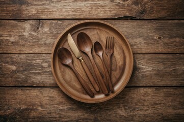 Overhead shot of wooden eating utensils and a plate on a timber surface