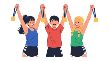 Obraz premium Triumphant Trio of Champions: In a moment of pure elation, a group of three athletes raise their gold medals high, epitomizing success. 