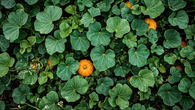Overhead shot of a vast pumpkin vine surrounded by verdant leaves in a summer rural landscape