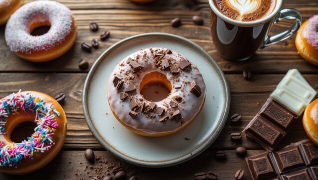 High-angle shot of a pastry and a cup of coffee on a plate