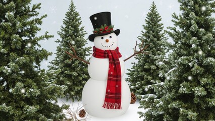 Obraz premium Holiday Snowman Donning a Tall Hat and Scarlet Scarf Near a Fir Tree and Mistletoe