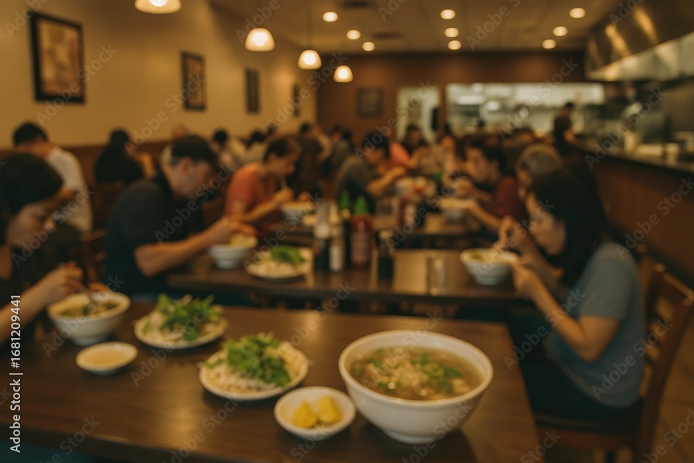 Poster out-of-focus image of a crowded vietnamese-style noodle restaurant with nostalgic filter