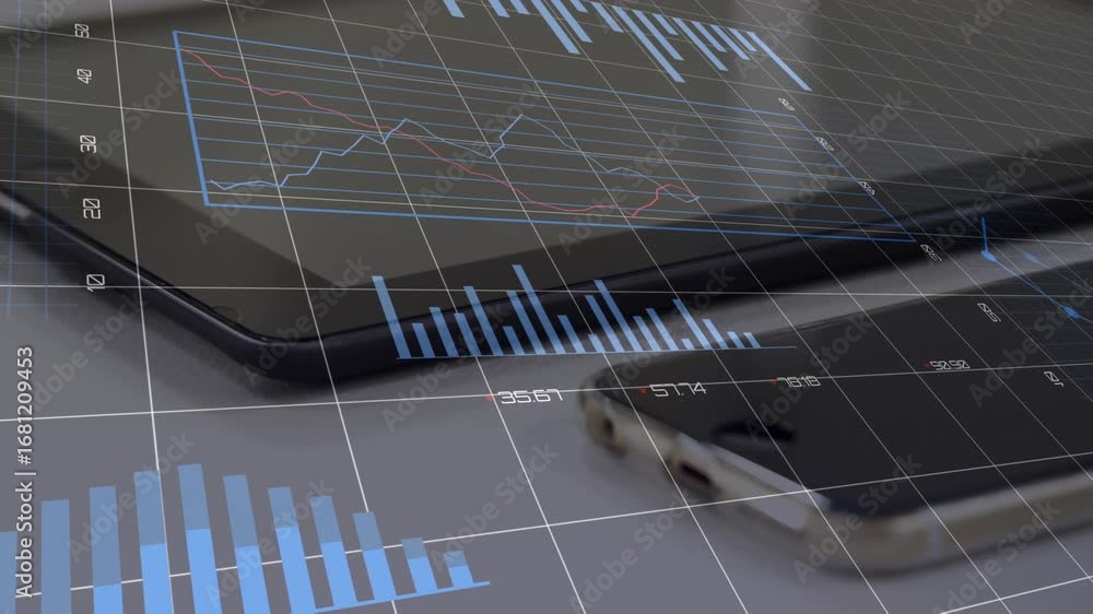 Poster animation of statistics and financial data processing over electronic devices