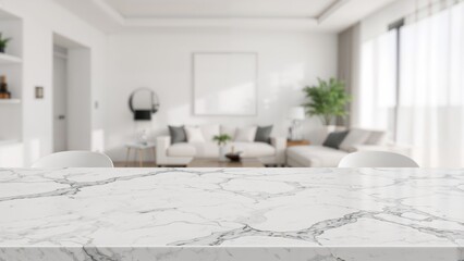 White marble countertop with a gently out-of-focus cozy room and curtain background, suitable for product presentation or montage.