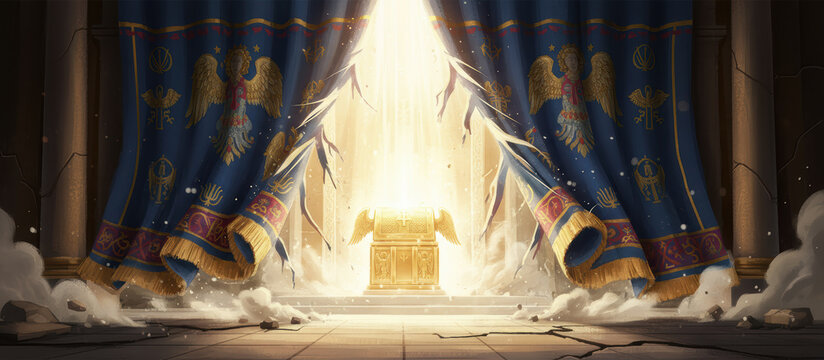 The temple veil tears, revealing the Ark of the Covenant. An epic biblical scene symbolizing Jesus's sacrifice, the new covenant, and direct access to the presence of God.
