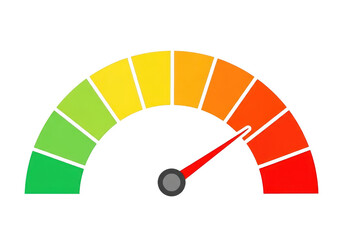 Colorful gauge meter showing performance level with a red needle isolated on transparent background
