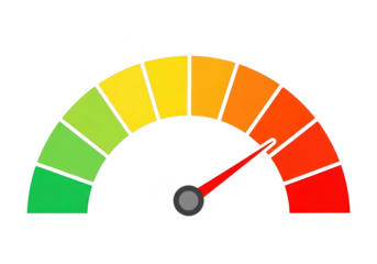 Colorful gauge meter showing performance level with a red needle isolated on transparent background