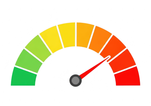 Colorful gauge meter showing performance level with a red needle isolated on transparent background