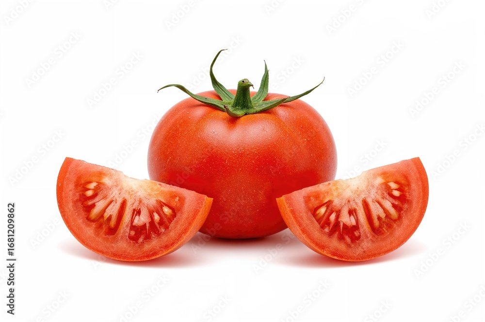 Poster sliced tomato isolated on white background with clipping path and sharp focus. complete set or colle