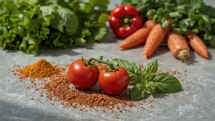 A collection of small tomatoes, tiny peppers, and basil leaves set against a spice-covered gray marble surface - fresh vegetable background