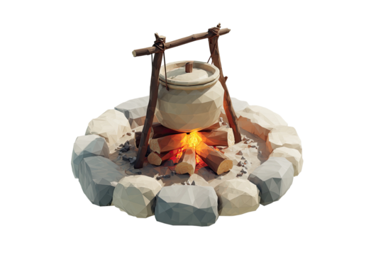 Low-poly campfire scene with a cooking pot