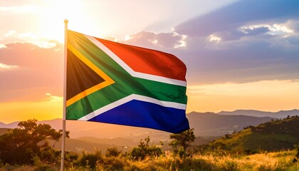 South African flag waving against sunset sky with glowing clouds and mountain landscape