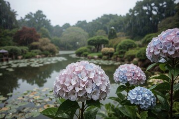 Hydrangeas Blooming During the Rainy Season in a Local Iris Garden
