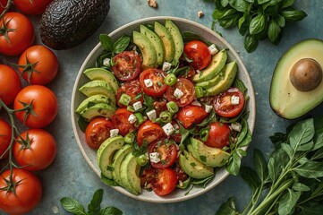 Arrangement of avocado and tomato salad