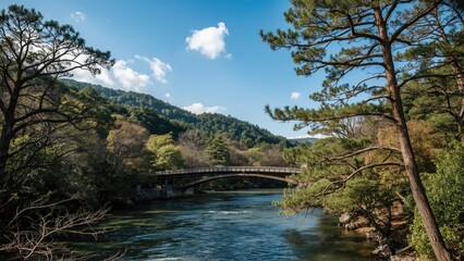 Fototapeta premium Autumn Beauty of a River Flowing Through a Lush Forest with a Historic Bridge