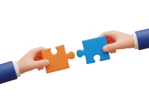 Two hands connecting puzzle pieces isolated on transparent background