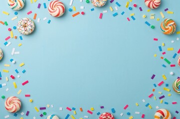 Image of colorful birthday cake with party candies and confetti for menus and ads