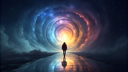 Mystical Portal in a Colorful Galaxy with a Figure Standing in the Center of a Cosmic Swirl