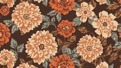 Elegant vintage seamless pattern with stylized orange and beige chrysanthemums on a rich dark brown background