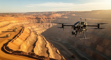 Drone Flying Over Open Pit Mine in Sunset Light with Heavy Machinery in Desert Landscape