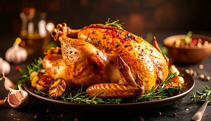 whole roasted chicken with crispy golden skin and herbs on black plate against dark background