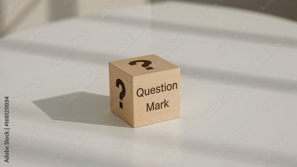 Poster wooden cube with question mark placed on surface. frequently asked questions and responses.
