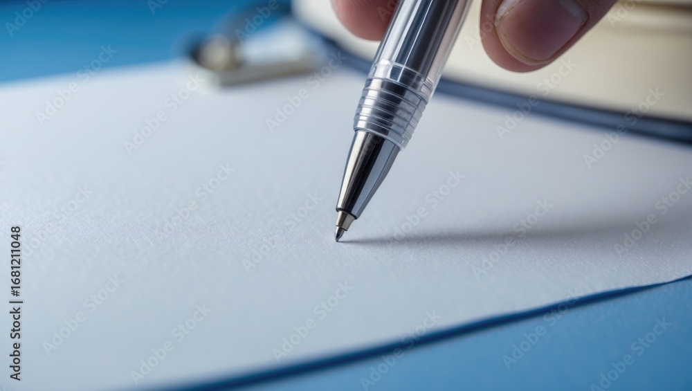 Poster macro shot of a ballpoint tip on a white sheet showing shallow focus effect