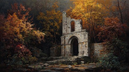 Fototapeta premium Autumn forest ruins scenic landscape