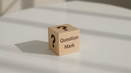 Fototapeta premium Wooden cube with question mark placed on surface. Frequently Asked Questions and responses.