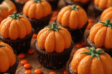 Festive cupcakes adorned with pumpkin-shaped candy decorations for the spooky season