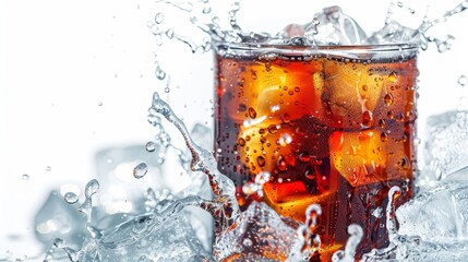 Refreshing cola with ice splash isolated against a clean white background for a crisp look